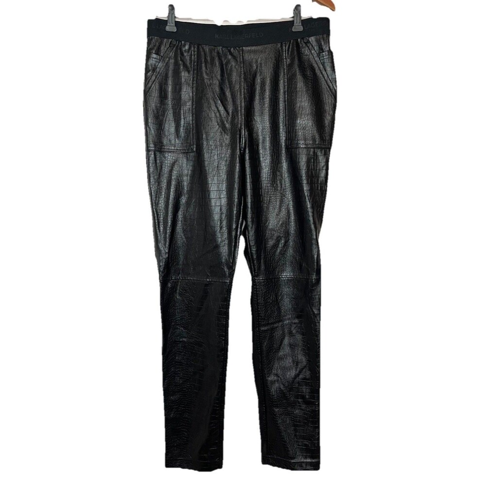 Karl Lagerfeld Paris Women's Medium Black Alligator Print Faux Leather Leggings